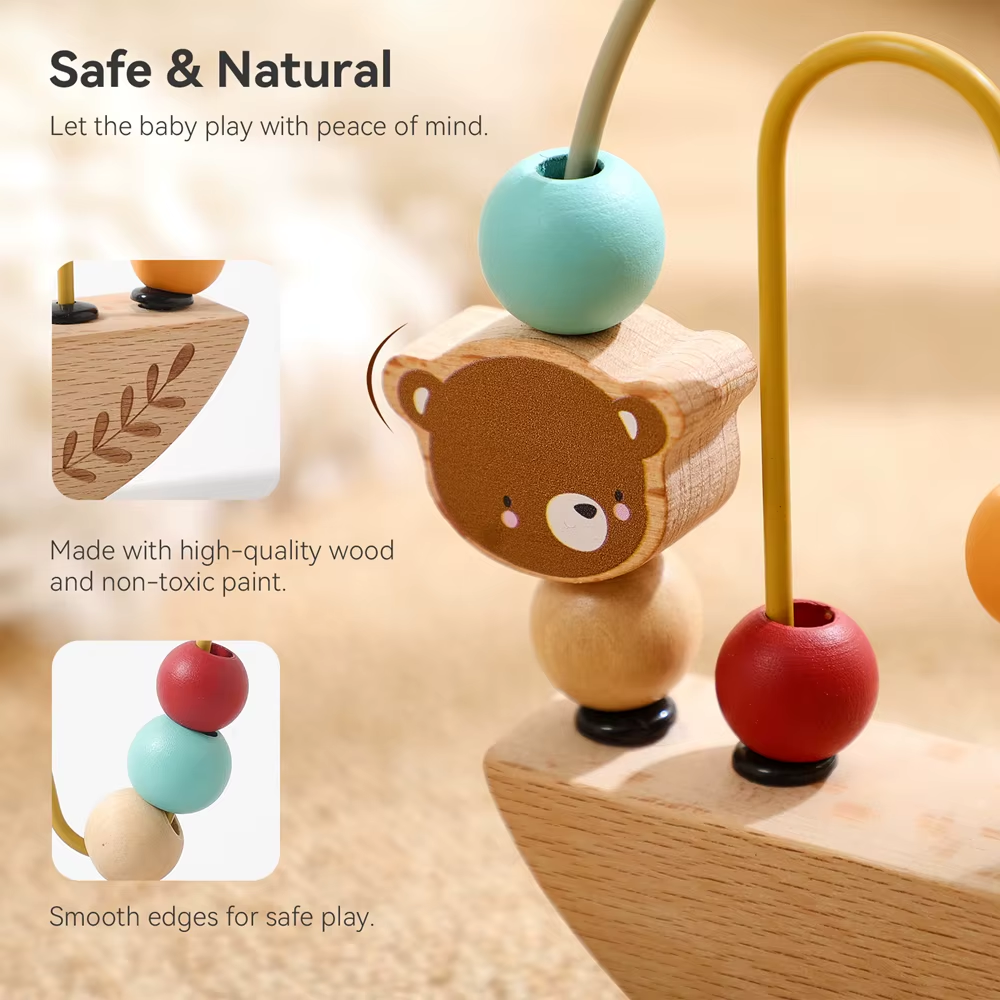 RedF Wooden Bead Maze Toy for Toddlers Cute Animal Design Sliding Beads Fine Motor Skills Hand Eye Coordination Shape Learning Toys