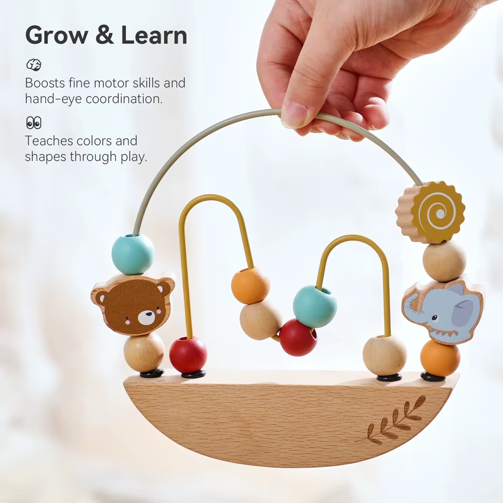 RedF Wooden Bead Maze Toy for Toddlers Cute Animal Design Sliding Beads Fine Motor Skills Hand Eye Coordination Shape Learning Toys