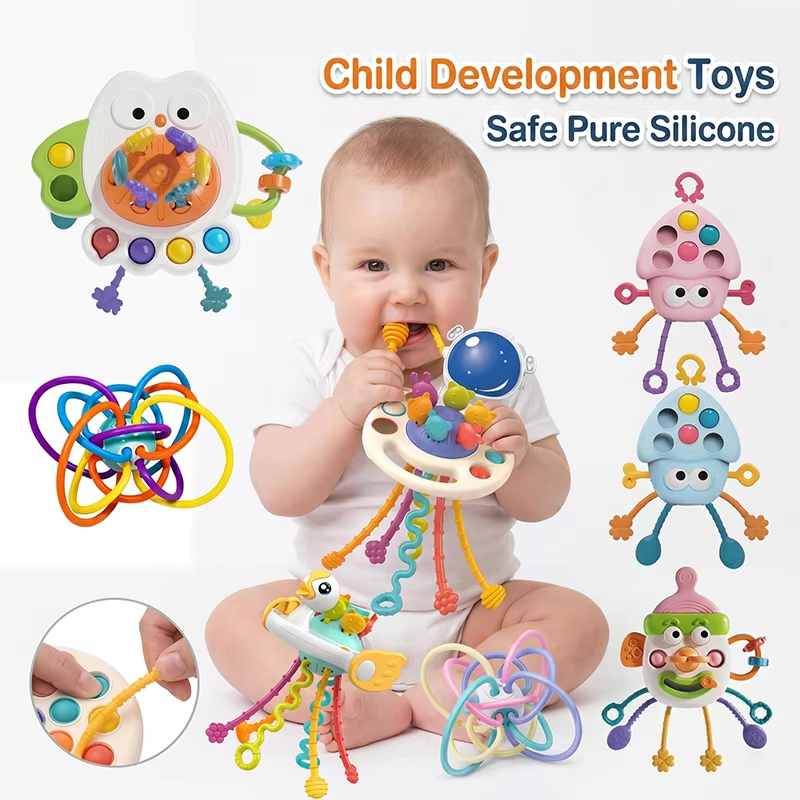 RedF Pull String Sensory Toy Baby Silicone Teething Early Education Fidget Activity Grasp Travel Toys For Toddler 0-18M
