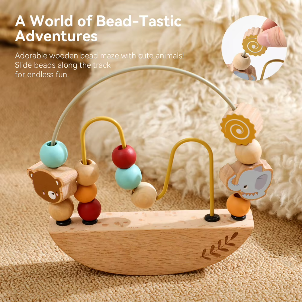 RedF Wooden Bead Maze Toy for Toddlers Cute Animal Design Sliding Beads Fine Motor Skills Hand Eye Coordination Shape Learning Toys