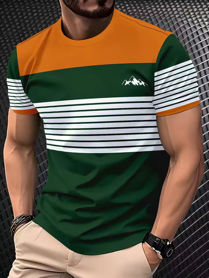 Men's Striped Mountains 3D T shirt Oversized Daily Short Sleeve T-shirts Outdoor Sport Top Casual Streetwear Men Summer Clothing