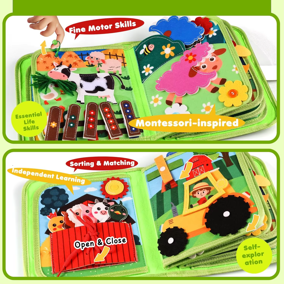 RedF Busy Book for Toddlers, Montessori Toys for Boy Girl, Farm Animal Busy Board Educational Learning Quiet Toddler